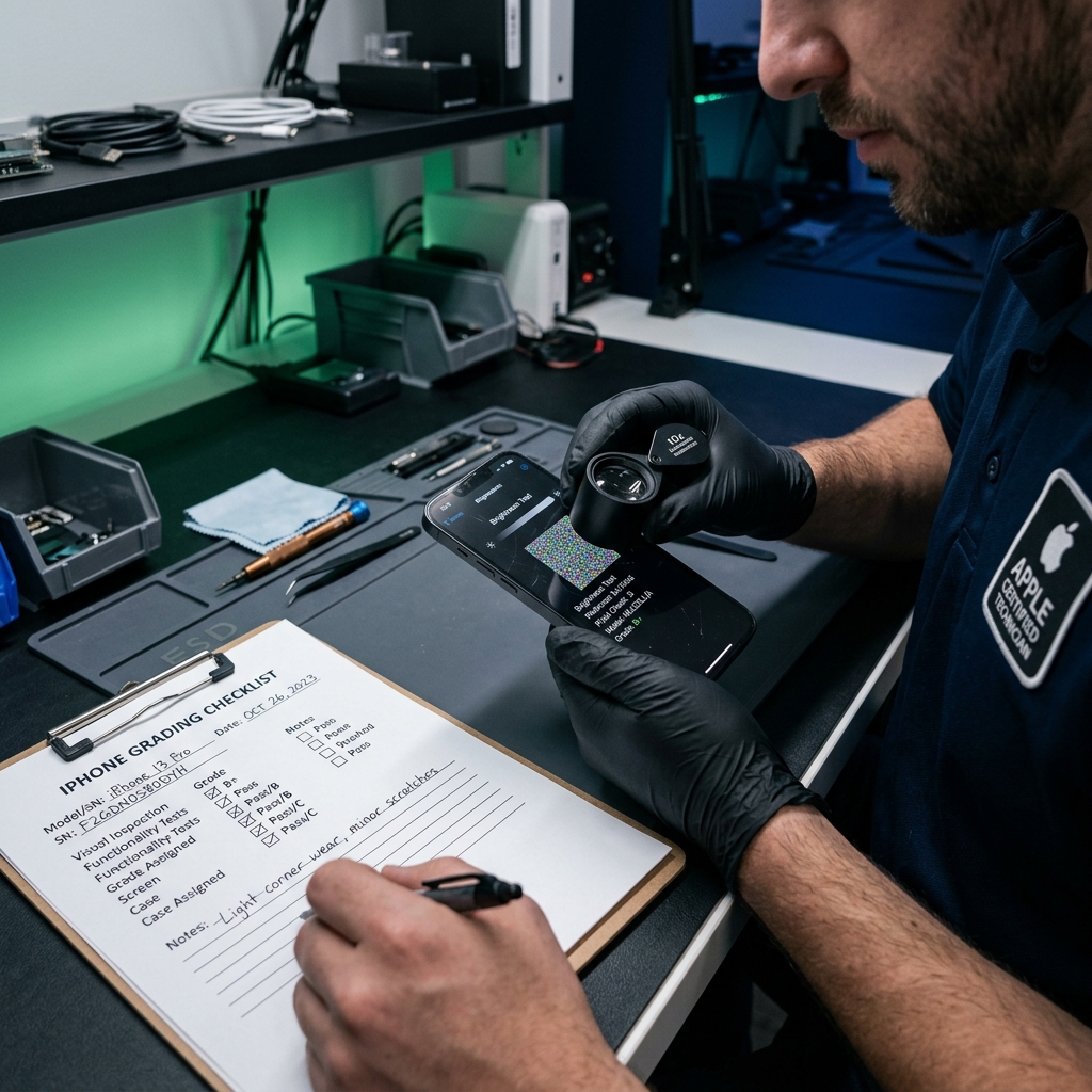 Professional iPhone grading and accurate detailed inspection process handled by Tronic Technology FZCO staff